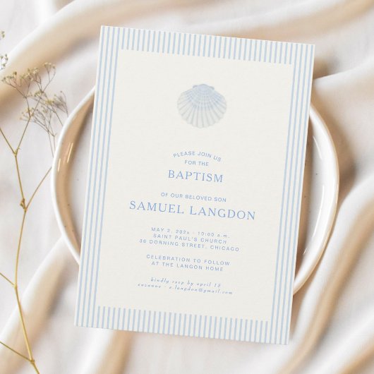 Coastal shell blue striped baptism Invitation Einladung