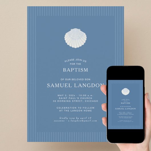 Coastal shell blue striped baptism Invitation Einladung