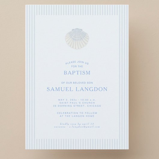 Coastal shell blue striped baptism Invitation Einladung