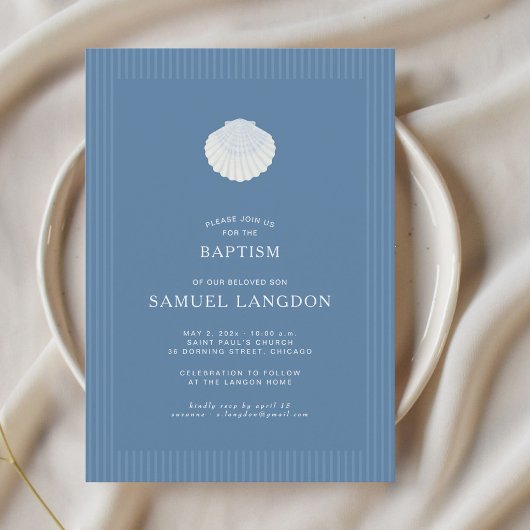 Coastal shell blue striped baptism Invitation Einladung