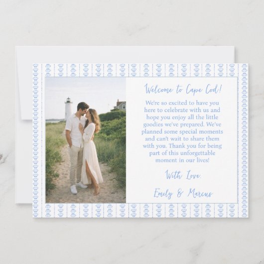 Coastal Shell  Blue Wedding Welcome Bag Card Photo Dankeskarte (Vorderseite)