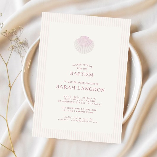 Coastal shell pink striped baptism Invitation Einladung