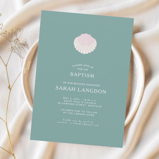 Coastal shell sage green pink baptism Invitation Einladung