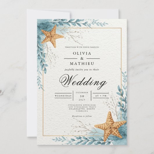 Coastal Starfish Beach Bloom Wedding Einladung (Vorderseite)