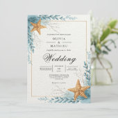 Coastal Starfish Beach Bloom Wedding Einladung (Stehend Vorderseite)