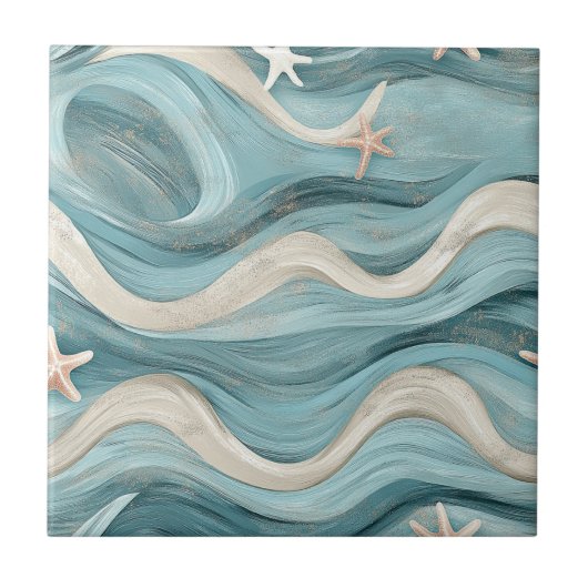 Coastal Starfish on Aqua Sand Waves Pattern (10) Fliese (Vorderseite)