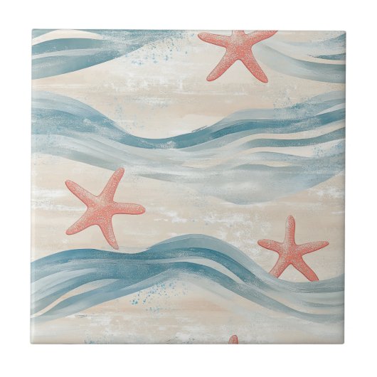 Coastal Starfish on Aqua Sand Waves Pattern (2) Fliese (Vorderseite)