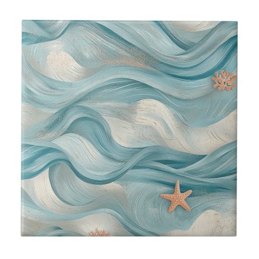 Coastal Starfish on Aqua Sand Waves Pattern (9) Fliese (Vorderseite)