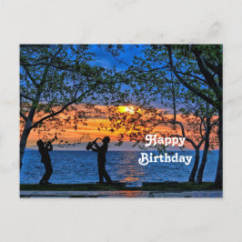 Coastal Sunset Musicians Silhouette Geburtstag Postkarte
