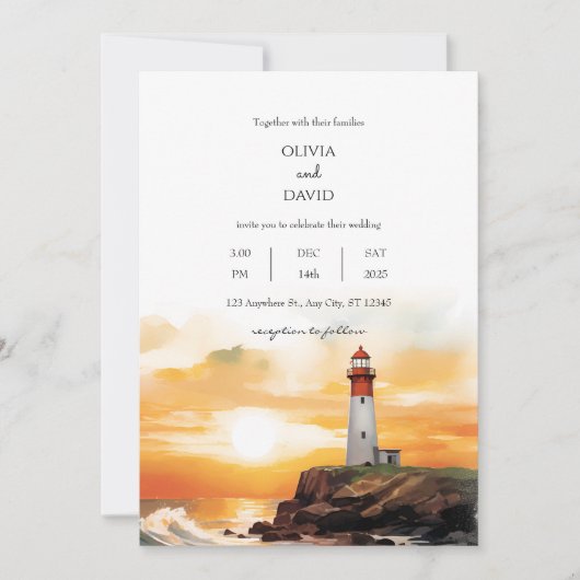 Coastal Sunset Waves Lighthouse Beach Hochzeit Einladung (Vorderseite)