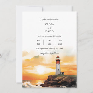 Coastal Sunset Waves Lighthouse Beach Hochzeit Einladung