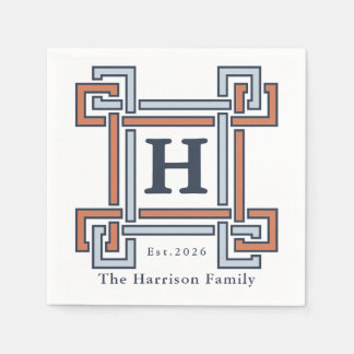 Coastal Terracotta Sky Blue Monogram Family Name Serviette