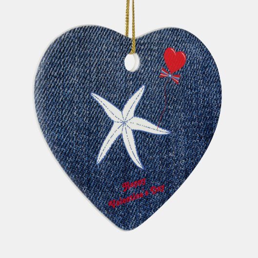 Coastal Thema Valentine's Day Red Heart & Starfish Keramik Ornament (Rechts)
