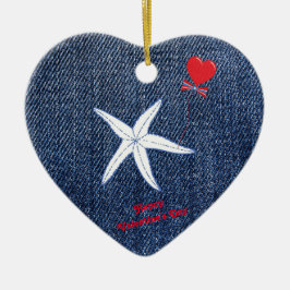 Coastal Thema Valentine's Day Red Heart & Starfish Keramik Ornament