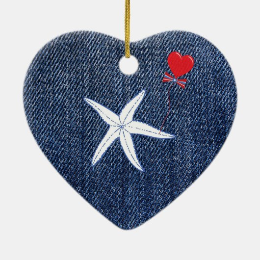 Coastal Thema Valentine's Day Red Heart & Starfish Keramik Ornament (Hinten)