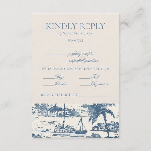 Coastal Toile Classic Script Dusty Blue RSVP Karte (Vorderseite)