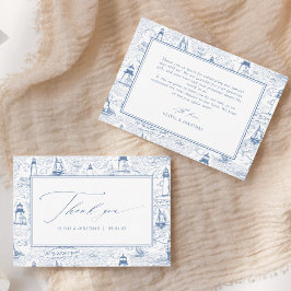Coastal Toile Lighthouse Blue Wedding Dankeskarte