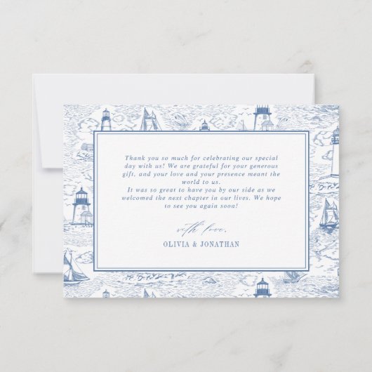 Coastal Toile Lighthouse Blue Wedding Dankeskarte (Rückseite)