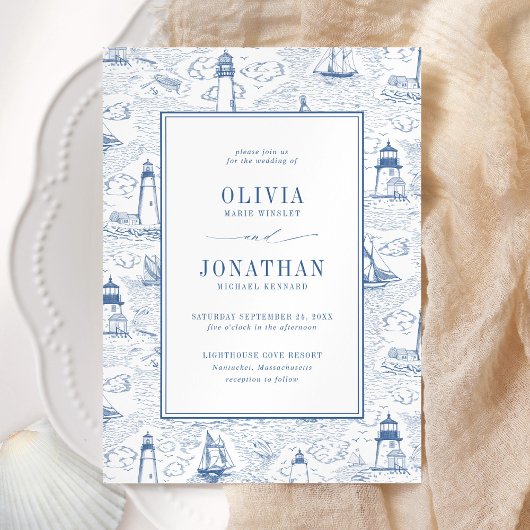 Coastal Toile Lighthouse Blue Wedding Einladung