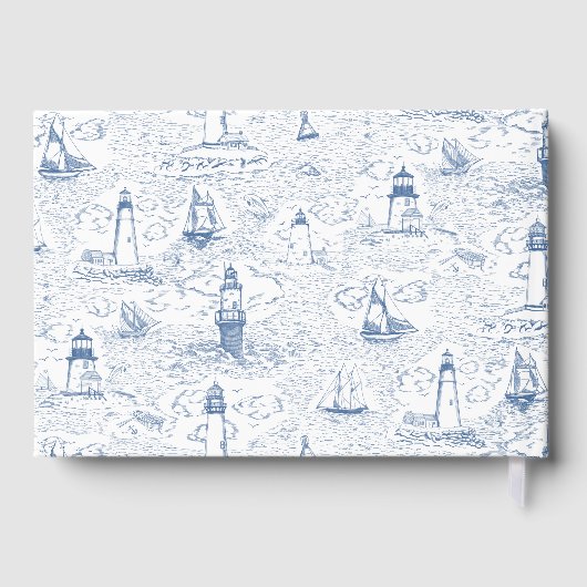 Coastal Toile Lighthouse Blue Wedding Gästebuch (Rückseite)