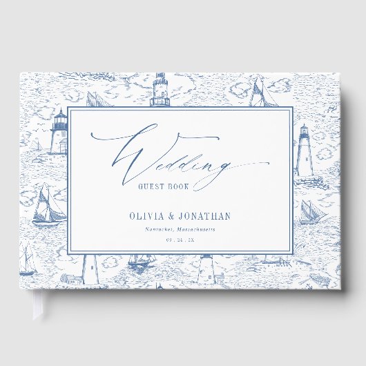 Coastal Toile Lighthouse Blue Wedding Gästebuch (Vorderseite)