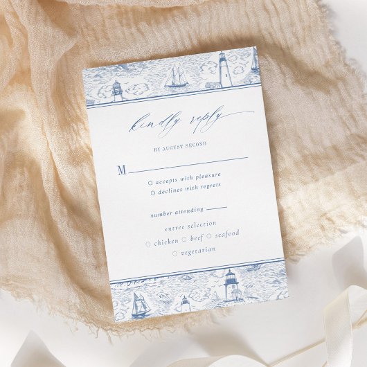 Coastal Toile Lighthouse Blue Wedding RSVP Karte