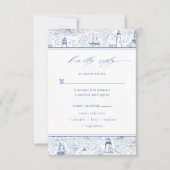 Coastal Toile Lighthouse Blue Wedding RSVP Karte (Vorderseite)