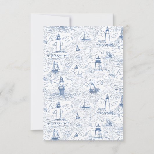 Coastal Toile Lighthouse Blue Wedding RSVP Karte (Rückseite)