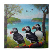 Coastal Trio: Drei Puffins am Strand in Oils Fliese (Vorderseite)