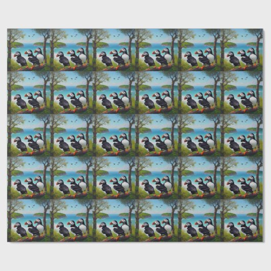 Coastal Trio: Drei Puffins am Strand in Oils Geschenkpapier (Flach)