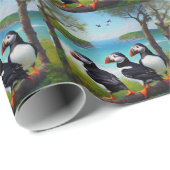 Coastal Trio: Drei Puffins am Strand in Oils Geschenkpapier (Rolleneckpunkt)