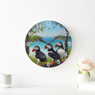 Coastal Trio: Drei Puffins am Strand in Oils Große Wanduhr