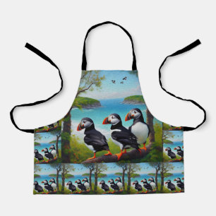 Coastal Trio: Drei Puffins am Strand in Oils Schürze