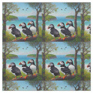 Coastal Trio: Drei Puffins am Strand in Oils Stoff