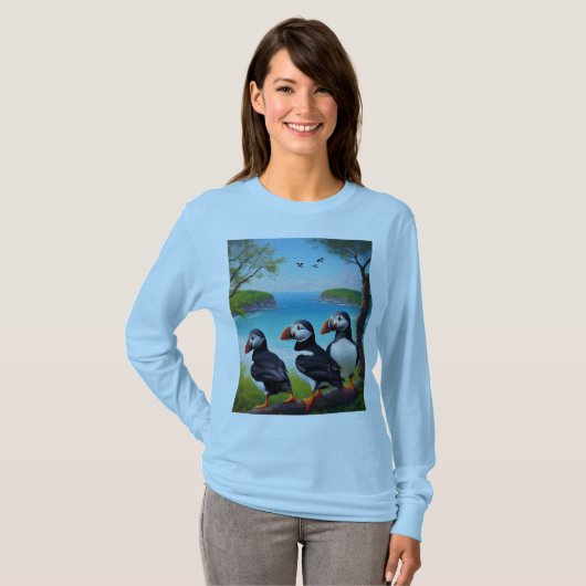 Coastal Trio: Drei Puffins am Strand in Oils T-Shirt (Vorne ganz)