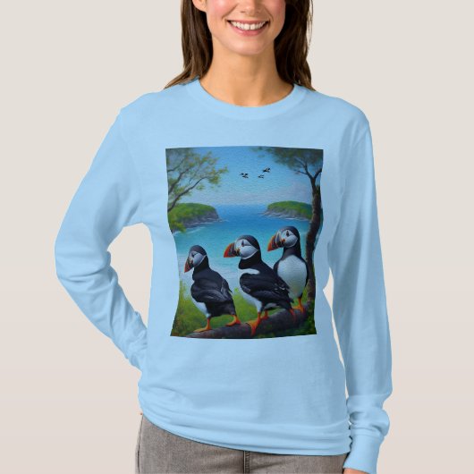 Coastal Trio: Drei Puffins am Strand in Oils T-Shirt (Vorderseite)