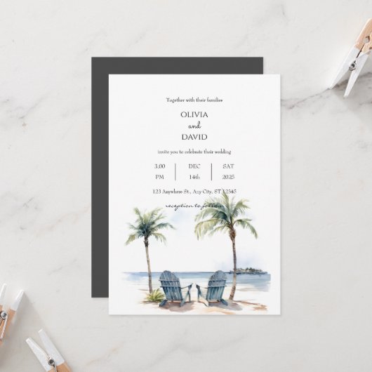Coastal Tropical Palm Trees Beach Hochzeiten Einladung (Vorderseite/Rückseite Beispiel)