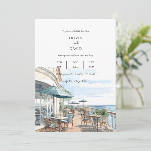 Coastal Ufer Dachterrasse Café Meerblick Hochzeite Einladung (Stehend Vorderseite)