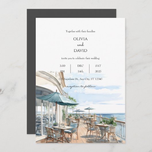 Coastal Ufer Dachterrasse Café Meerblick Hochzeite Einladung (Vorne/Hinten)
