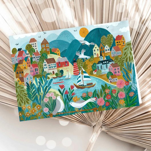 Coastal Village Harbor Scenic Illustration Karte