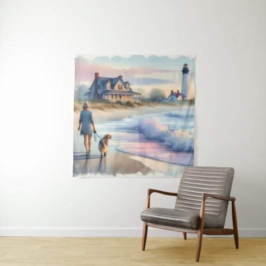 Coastal Walk to Lighthouse at Sunset Wandteppich (Beispiel)