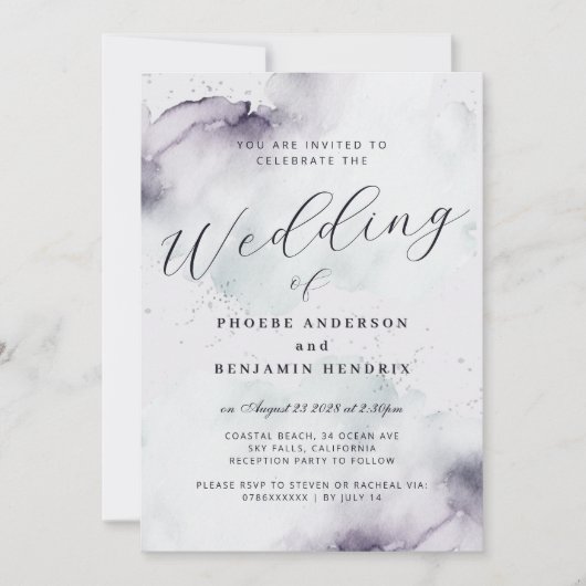 Coastal Watercolor Blauer Elegante Hochzeit Einladung (Vorderseite)