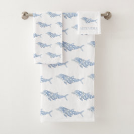 Coastal Watercolor Blue Polka Dot Dolphin Badhandtuch Set