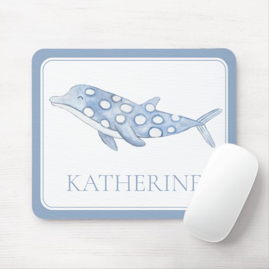 Coastal Watercolor Blue Polka Dot Dolphin Mousepad (Mit Mouse)