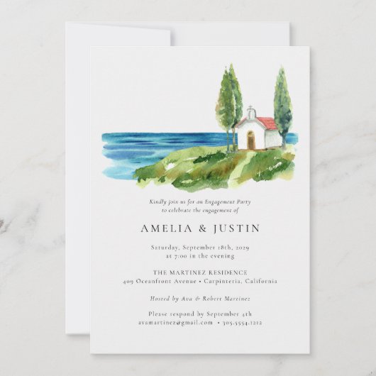 Coastal Watercolor Kapelle Ocean Engagement Party Einladung (Vorderseite)