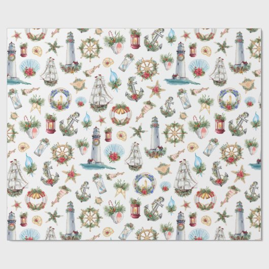 Coastal Watercolor Nautic Christmas White Geschenkpapier (Flach)