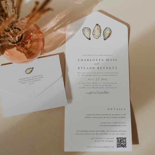 Coastal Watercolor Oyster Wedding All In One Einladung