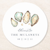 Coastal Watercolor Oyster Wedding Runder Pappuntersetzer (Vorderseite)