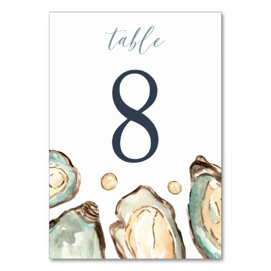 Coastal Watercolor Oyster Wedding Tischnummer (Vorderseite)