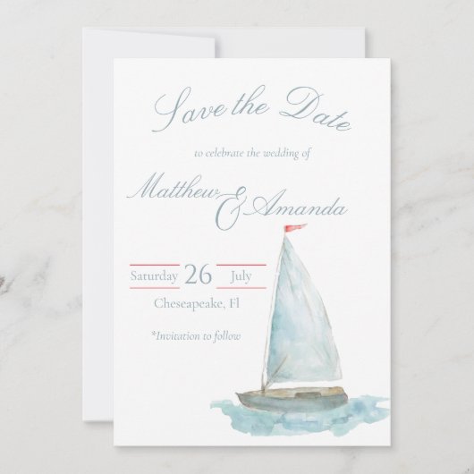 Coastal Watercolor Sailboat Save the Date Einladung (Vorderseite)
